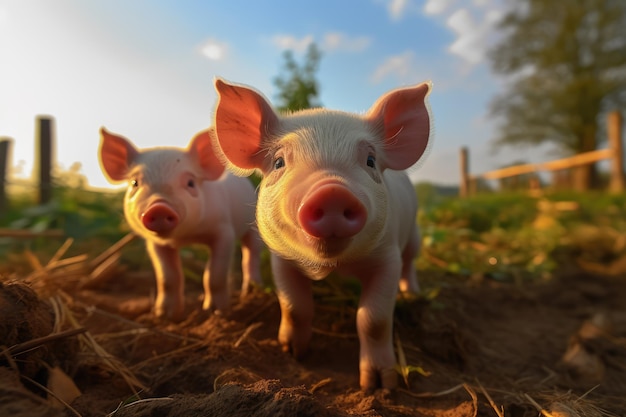 Piggies kijken naar de camera mooie achtergrond boerderij achtergrond ai gegenereerd