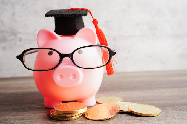 Свинья-банк в очках с монетами и калькулятором экономит концепцию банковского образования