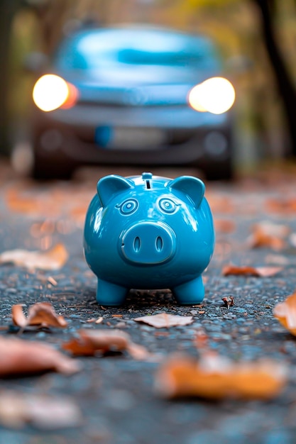 Piggy bank on the background of a car Selective focus