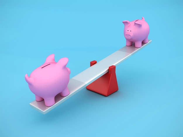 Photo piggy bank balancing on a seesaw