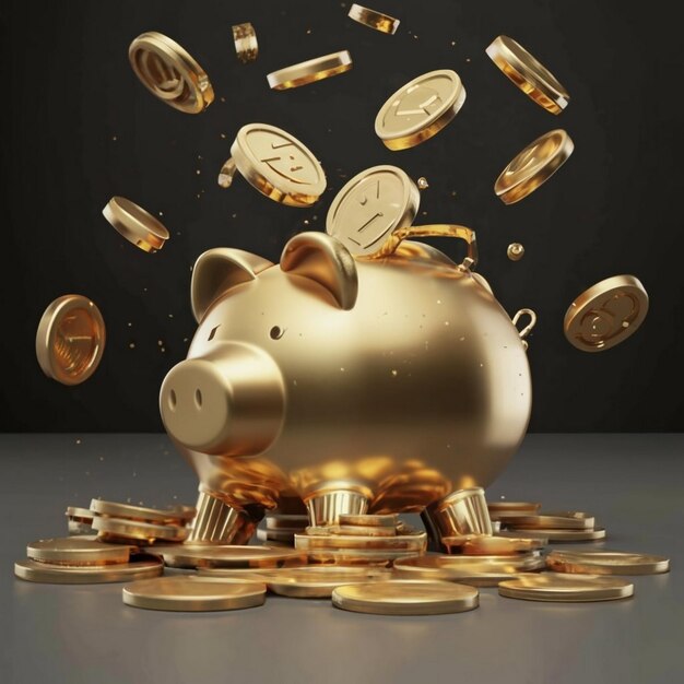 Piggy bank being filled with gold currency symbols