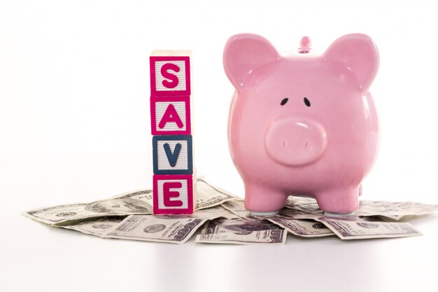 Piggy bank beside save blocks on dollars 