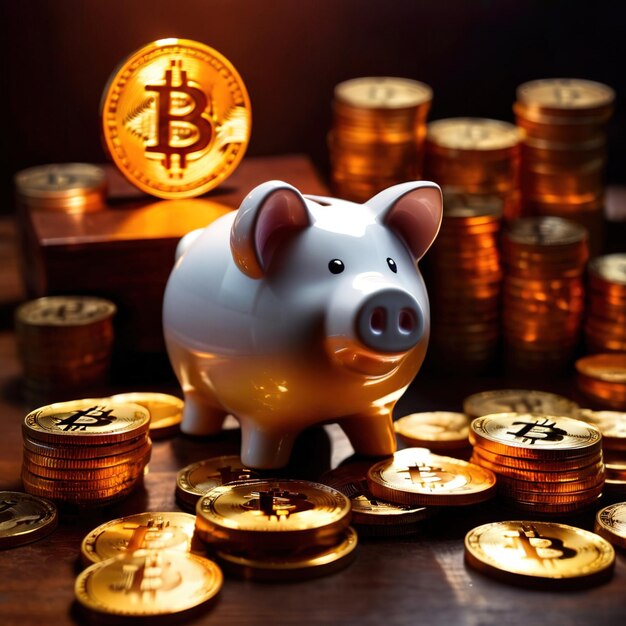 Piggy bank next to bitcoin digital cryptocurrency showing saving and wealth through crypto