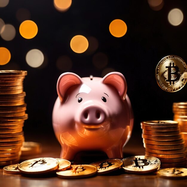 Piggy bank next to bitcoin digital cryptocurrency showing saving and wealth through crypto