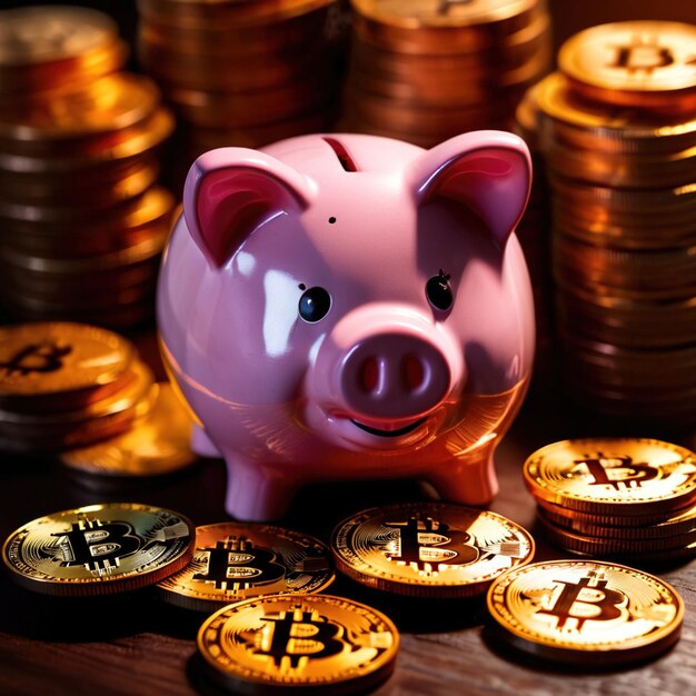 Piggy bank next to bitcoin digital cryptocurrency showing saving and wealth through crypto
