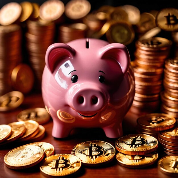 Piggy bank next to bitcoin digital cryptocurrency showing saving and wealth through crypto