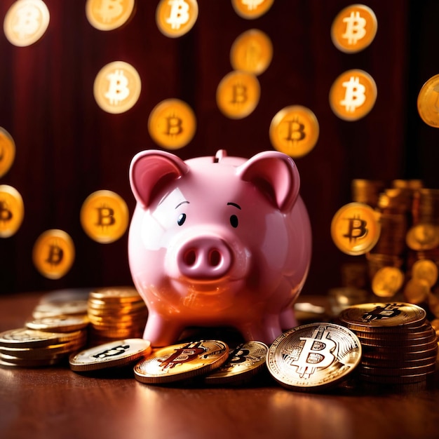 Piggy bank next to bitcoin digital cryptocurrency showing saving and wealth through crypto