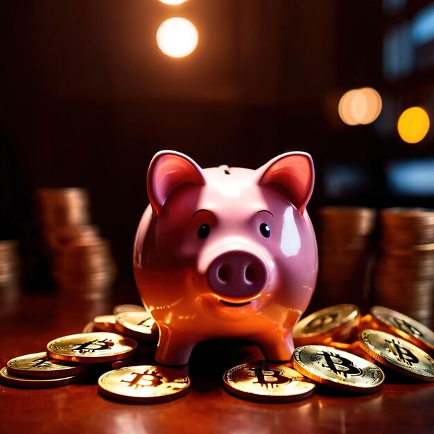 Piggy bank next to bitcoin digital cryptocurrency showing saving and wealth through crypto