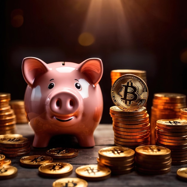 Piggy bank next to bitcoin digital cryptocurrency showing saving and wealth through crypto