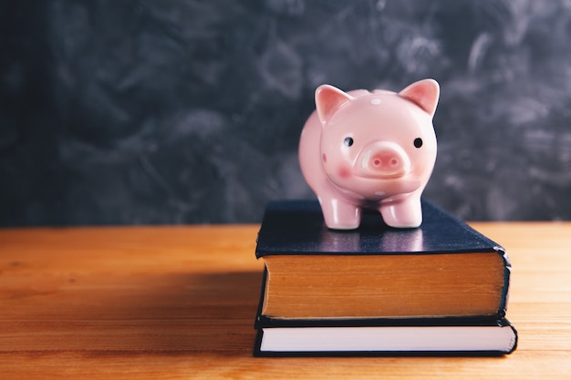 Piggy bank on books on the table