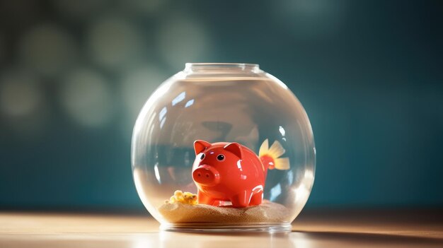 A piggy bank in a bowl with goldfish inside