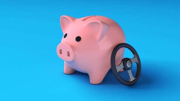 Piggy bank and car steering wheel Savings on the car 3d render