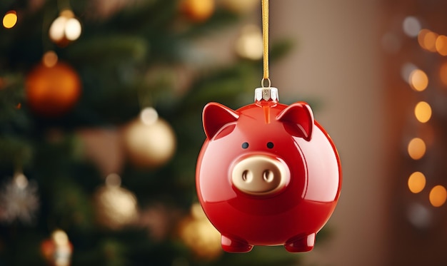 Piggy bank christmas decoration hanging on a christmas tree branch seasonal savings and costs