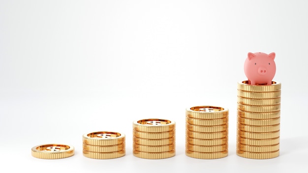 Piggy bank and coin stack on a bright background