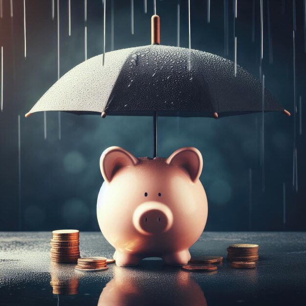 The piggy bank and coins are safely protected under an umbrella on a dark background