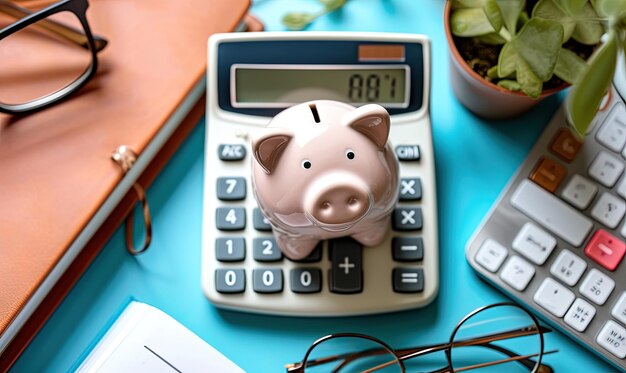 Photo piggy bank coins notebook and calculator on light blue background flat lay