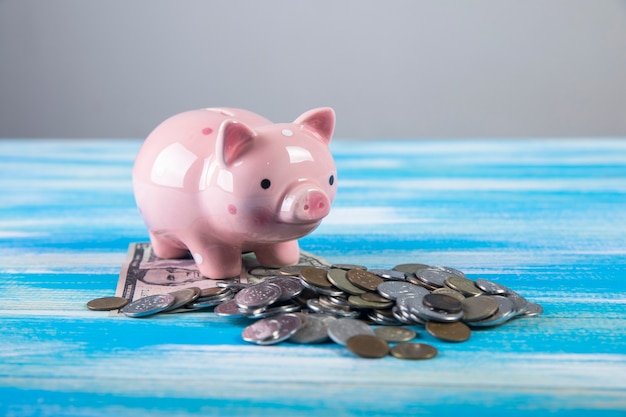 Piggy bank and coins on wooden surface