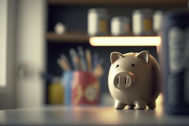 Piggy Bank on a Desk in an Office Setting with Stationery Supplies