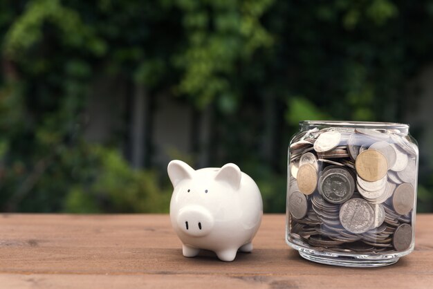 Piggy bank en geld munten glazen pot op houten tafel met de natuur