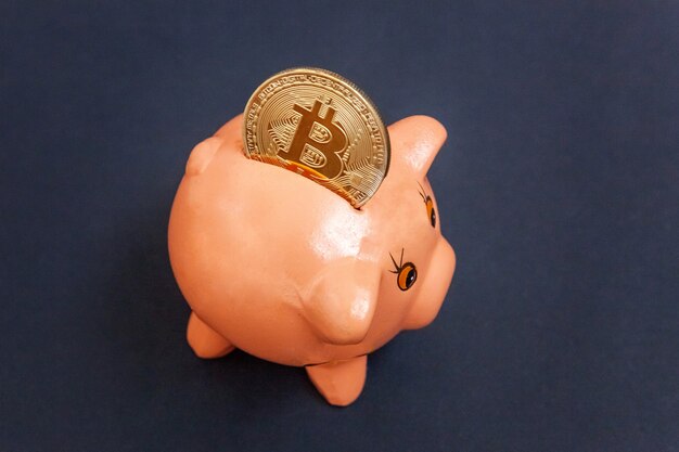 Piggy bank en gouden bitcoin munt virtueel geld op zwarte tafel