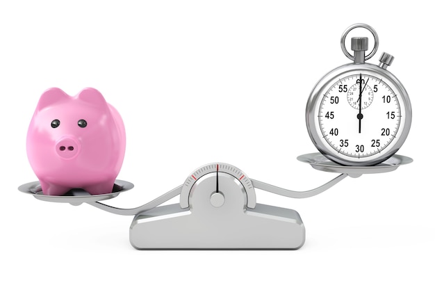 Piggy Bank en Stopwatch balanceren op een eenvoudige weegschaal op een witte achtergrond. 3D-rendering.