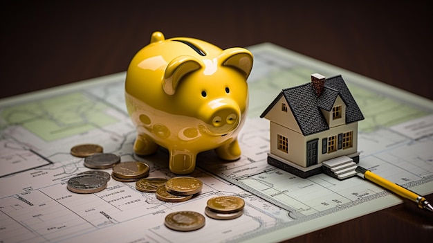 Piggy bank in front of a model home on a coincovered ground