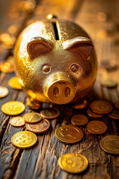 Piggy bank gevuld met gouden munten zit op tafel