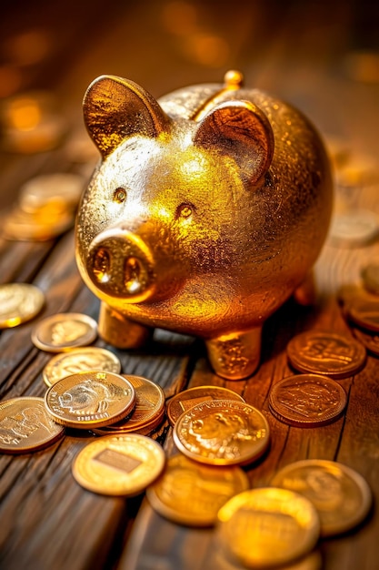 Piggy bank gevuld met gouden munten zit op tafel