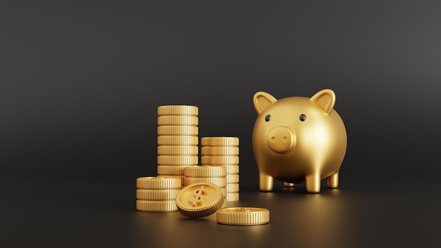 Piggy bank and gold coins on black background Money saving concept, 
3D rendering