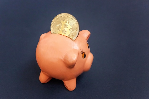 Piggy bank and golden bitcoin coin virtual money on black background cryptocurrency and saving conce