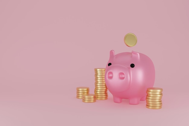 Piggy bank and golden coin on pink background Financial planning for the future Keep and accumulate cash savings Banking finance economy investment 3D rendering