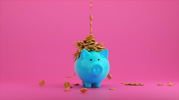 Photo piggy bank and golden coins 3d render