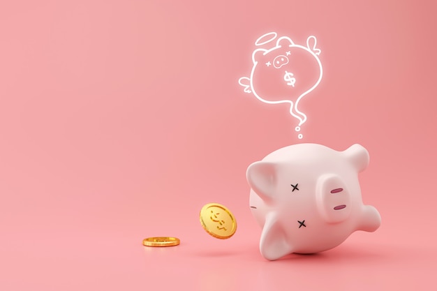 Piggy bank and golden coins on pink wall with lost money concept. Financial planning for the future. 3D rendering.