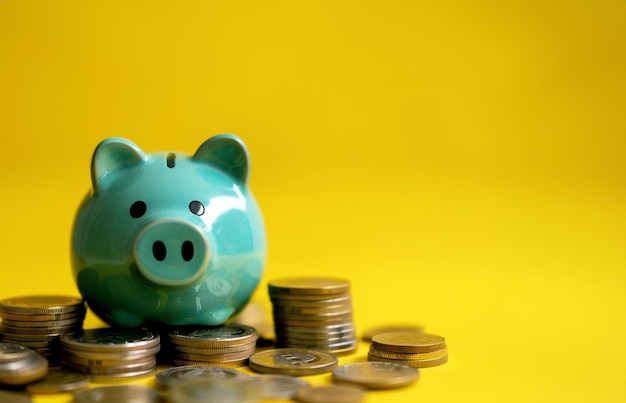 Piggy bank and golden coins on yellow background with copy space for text