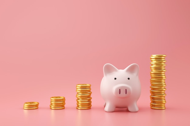 Piggy bank and golden stack coins of growing graph on pink wall with saving money concept. Financial planning for the future. 3D rendering.