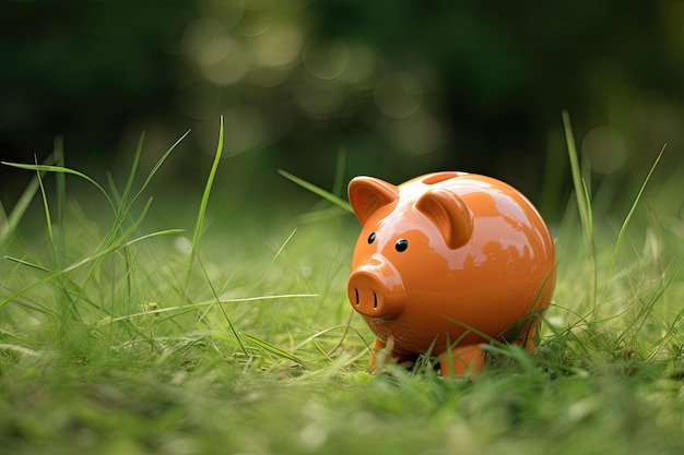 Piggy bank on green grass with bokeh background Piggy bank on the grass AI Generated