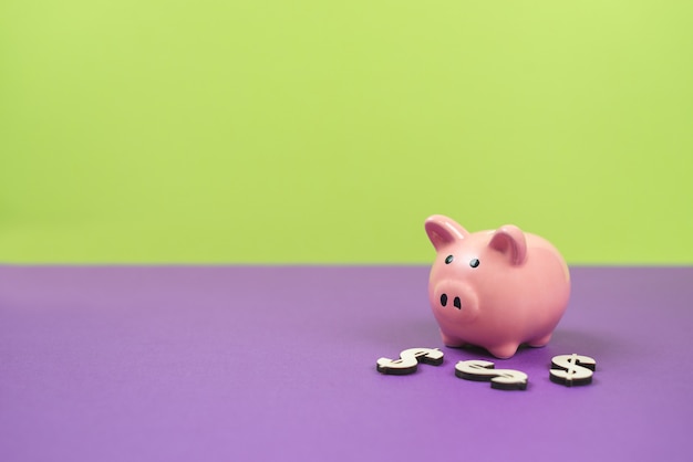 Piggy bank on a green and purple background