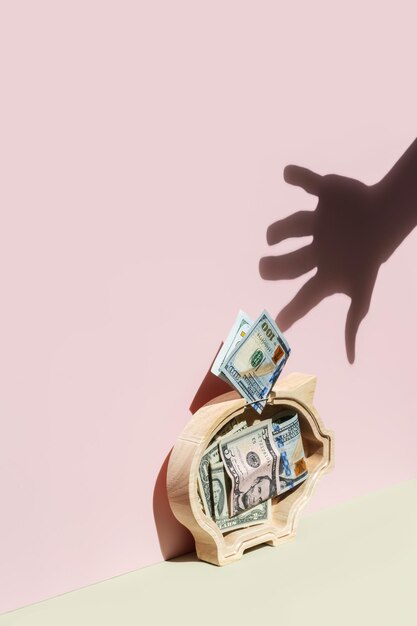 Piggy bank and hand shadow creative savings money concept