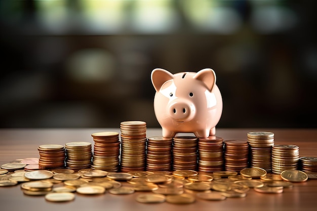 Foto piggy bank houdt toezicht op groeiende muntenstapels op een houten tafel