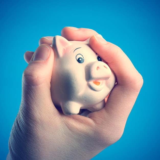 Piggy bank in a human hand on a blue background