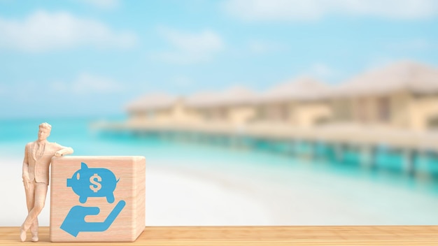 The piggy bank in icon on wood box and Business man for saving or earning concept 3d rendering