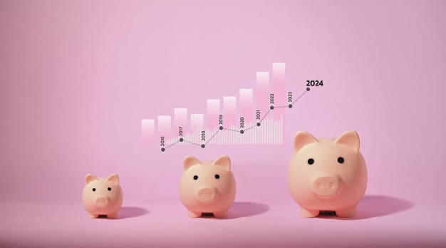 Piggy bank isolated on pink background Saving money concept