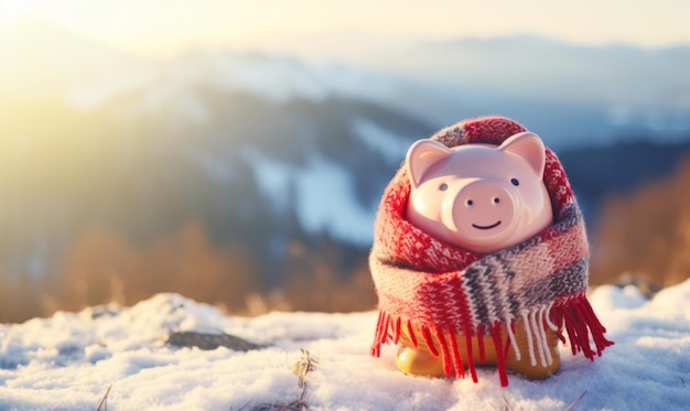 A piggy bank keeping warm during winter with a scarf seasonal finance