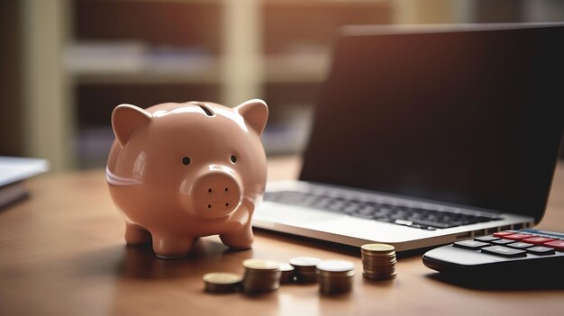 A piggy bank next to a laptop with coins on it