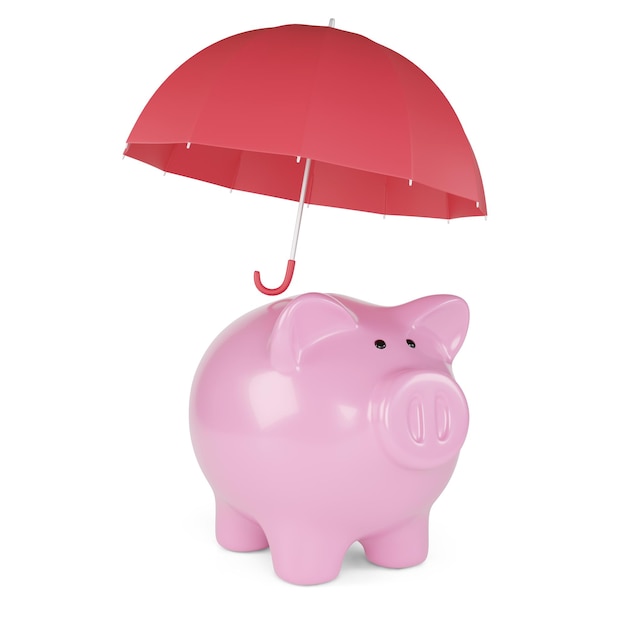 Piggy bank met paraplu geïsoleerd op witte achtergrond 3d illustratie