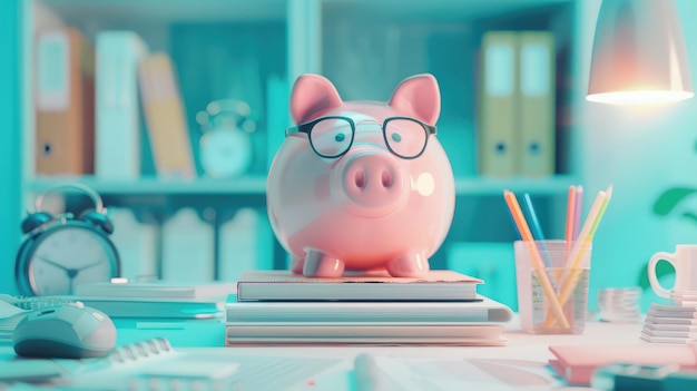 Piggy bank met zakelijke spullen zakelijk en financieel concept