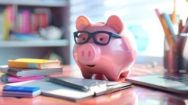 Piggy bank met zakelijke spullen zakelijk en financieel concept