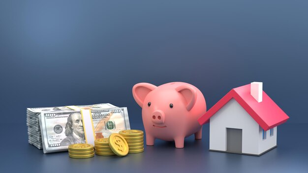 Piggy bank and model house with banknote and gold coin Saving money for house concept 3D render