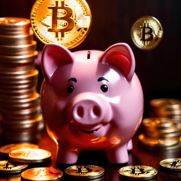 Piggy bank naast bitcoin digitale cryptocurrency die sparen en rijkdom toont via crypto