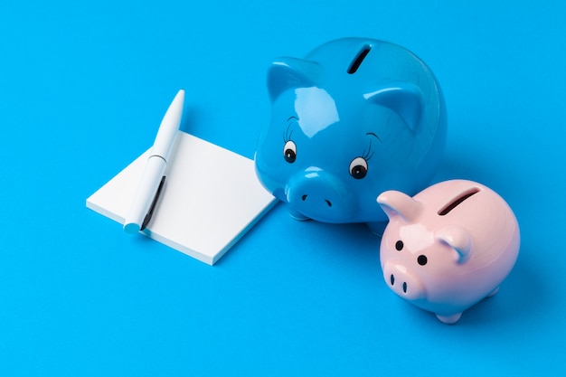 Piggy bank and notebook with a pen